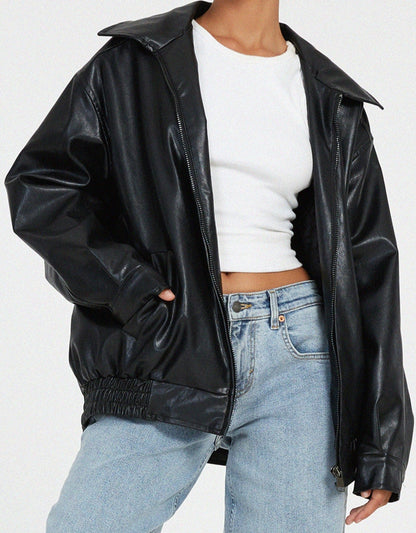 Große PU Lederjacke Damen Modern Schwarz