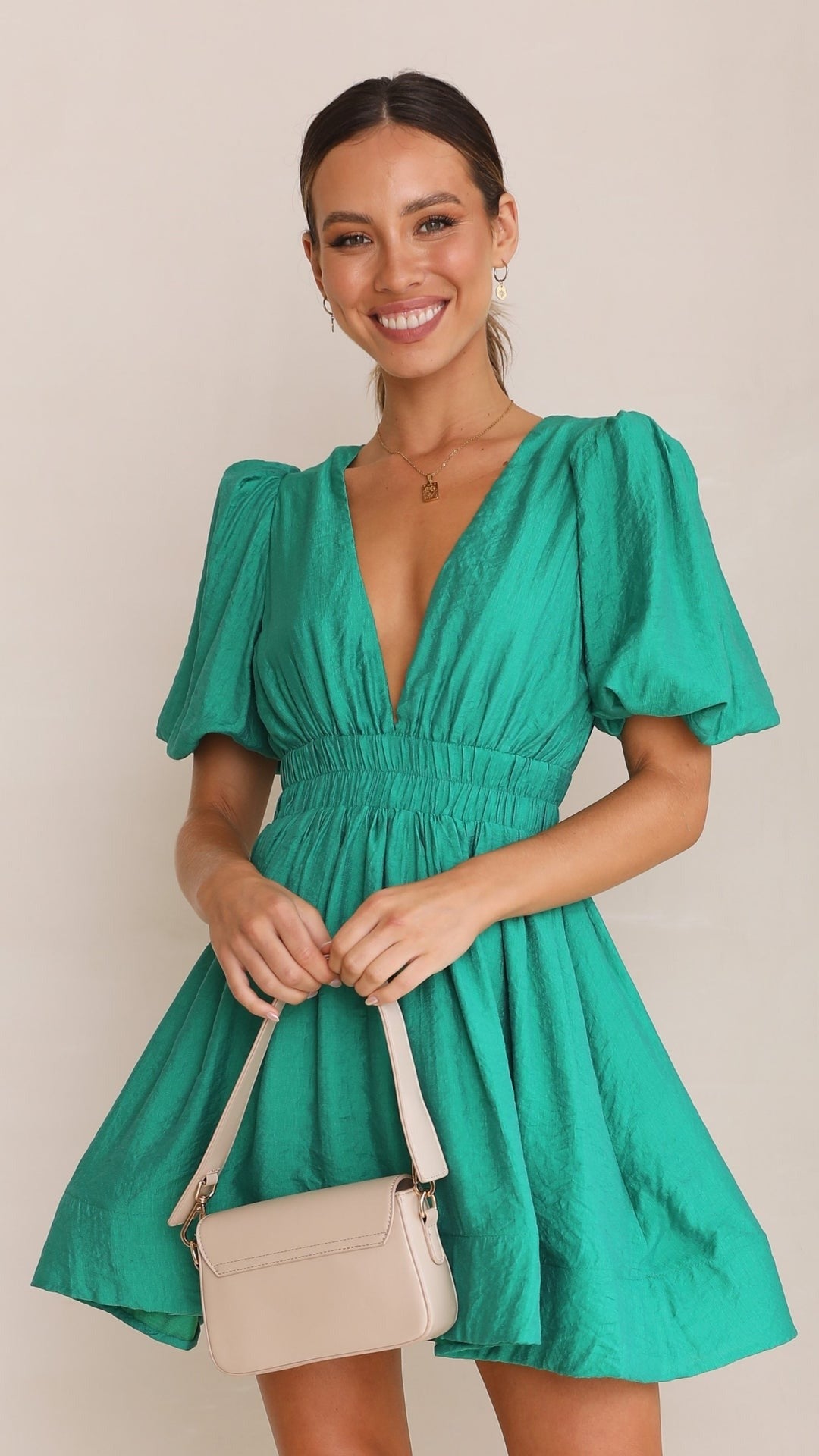 Kleid Damen V-Ausschnitt Puffärmel Partykleid Kurz