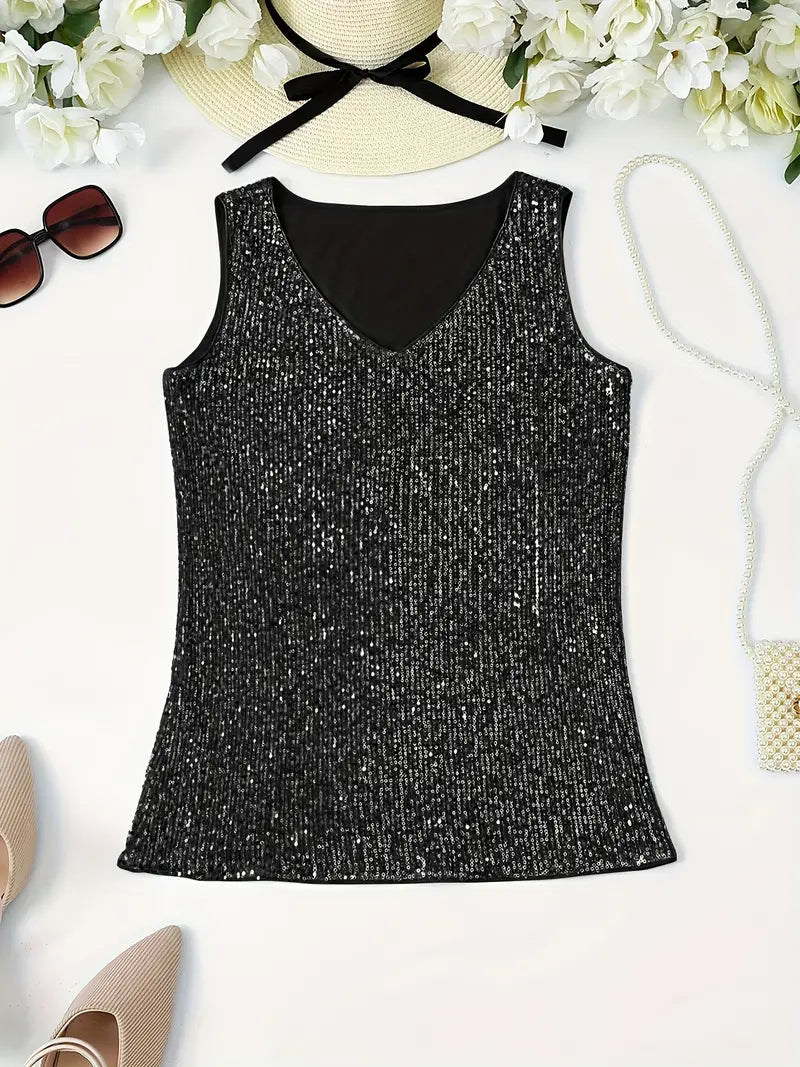 Elegantes Pailletten Top Ärmellos Damen Oberteil Glitzer