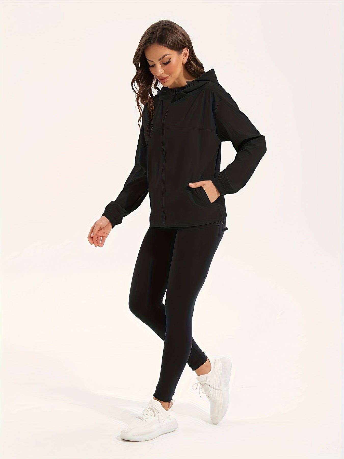 Wasserabweisende Frauen Sportjacke mit Kapuze Schwarz