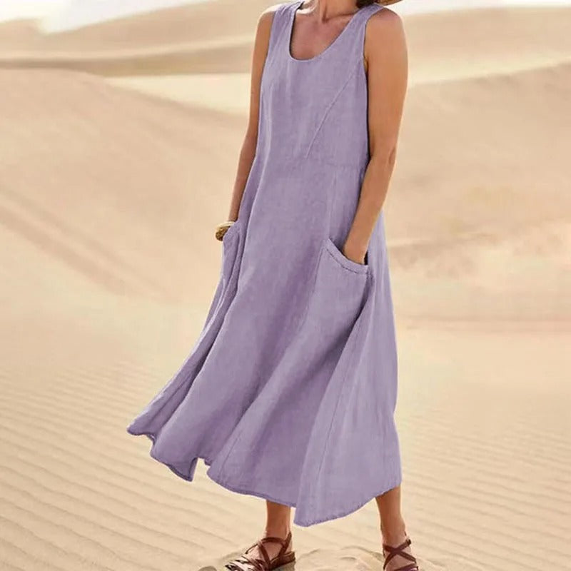 Leinenkleid Damen Ärmellos Sommerkleid mit Taschen