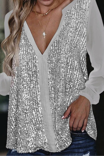 Glamour Bluse mit Pailletten V-Ausschnitt Langärmlig