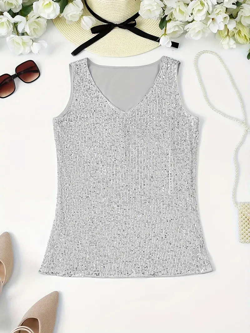 Elegantes Pailletten Top Ärmellos Damen Oberteil Glitzer