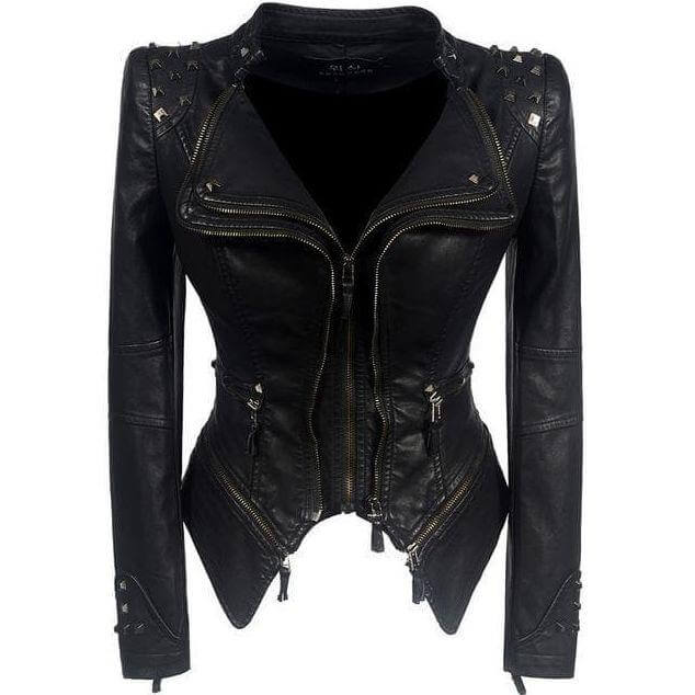 Lederjacke Damen Nieten Ledermantel Schwarz