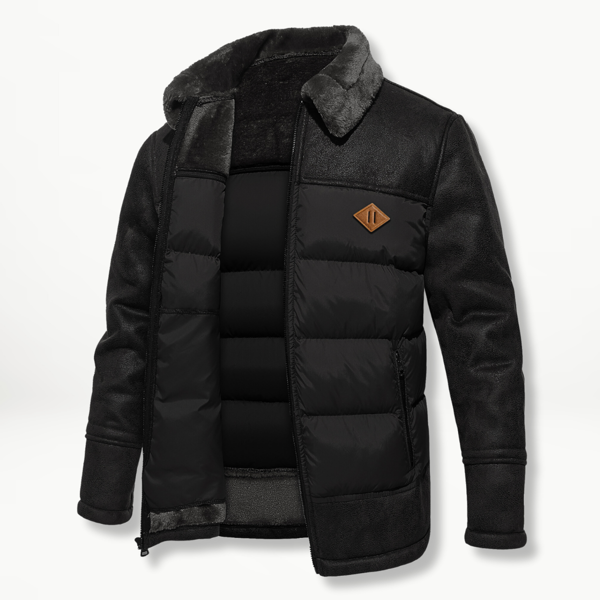Herren Winterjacke Kunstleder Fellkragen Warm