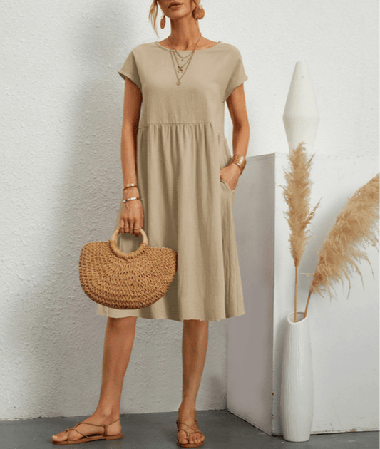 Sommerkleid Kurzarm Midi Kleid aus Leinen - BerlinGlamour