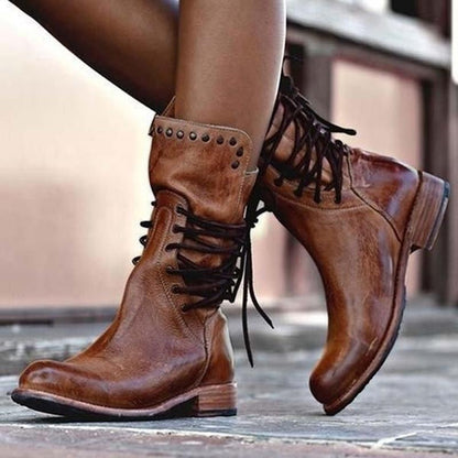 Damen Lederstiefel Braun Schnürsenkel Stiefel Schuhe