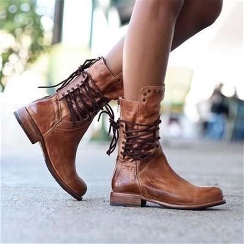 Damen Lederstiefel Braun Schnürsenkel Stiefel Schuhe - BerlinGlamour
