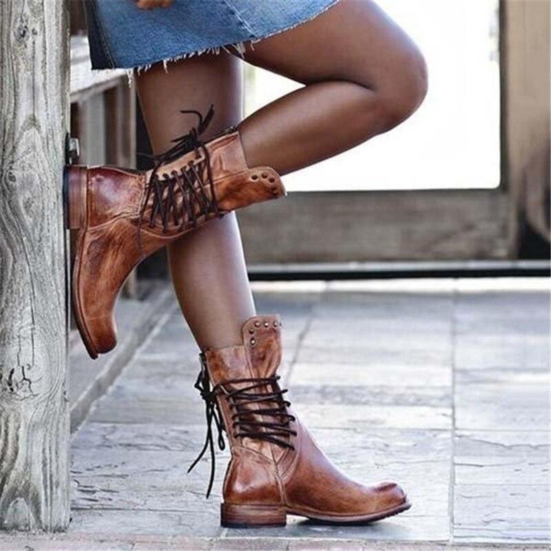 Damen Lederstiefel Braun Schnürsenkel Stiefel Schuhe
