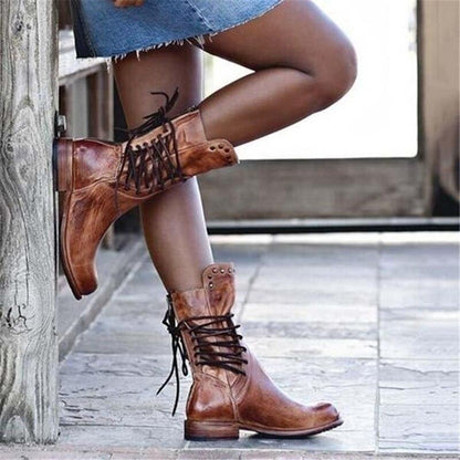 Damen Lederstiefel Braun Schnürsenkel Stiefel Schuhe