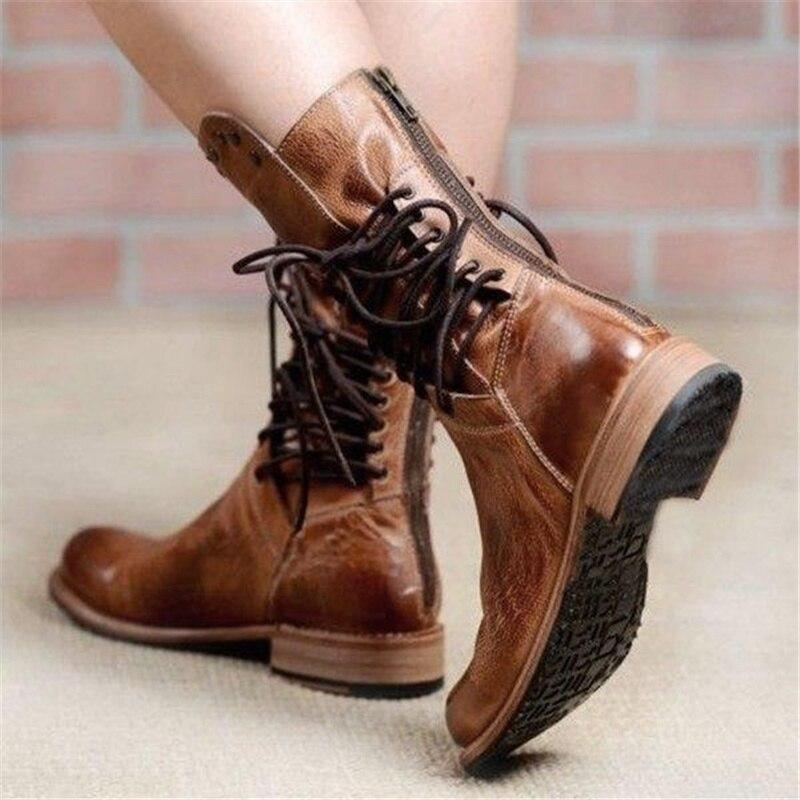 Damen Lederstiefel Braun Schnürsenkel Stiefel Schuhe