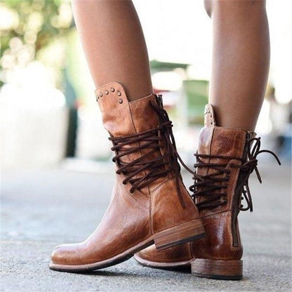 Damen Lederstiefel Braun Schnürsenkel Stiefel Schuhe