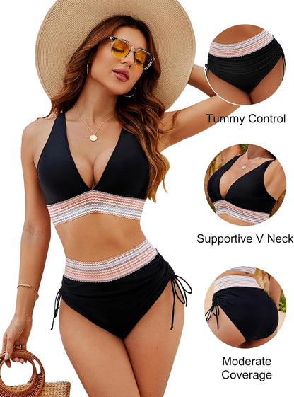 Damen Bikini Set Hochtailliert Häkelstreifen Halterneck