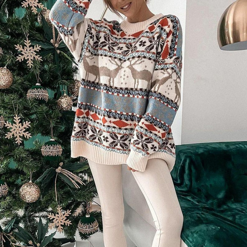 Weihnachtspullover Damen Rentier Muster Festlich - BerlinGlamour