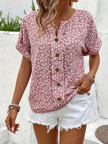 Sommerbluse Damen Lässig Floral Mit Knöpfen