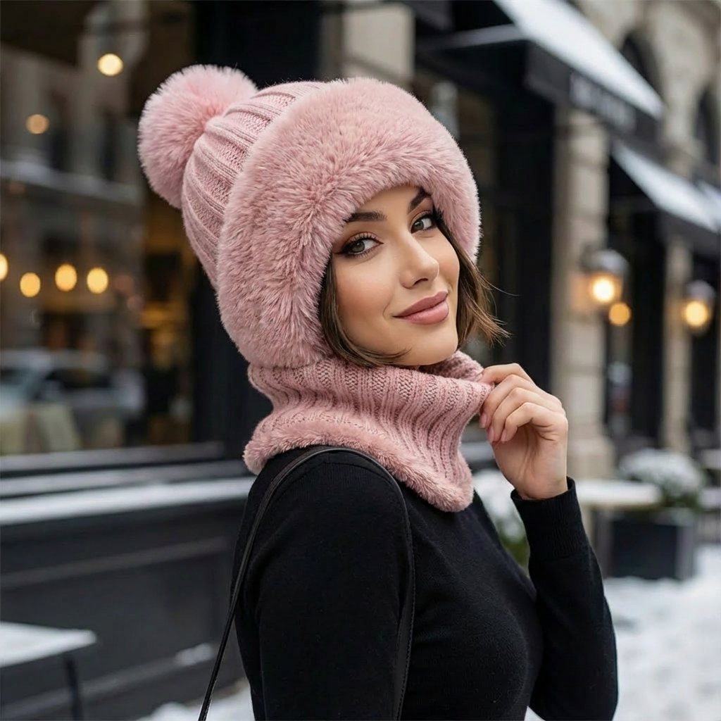 Warme Wintermütze 2-in-1 mit Schlauchschal und Kunstfell