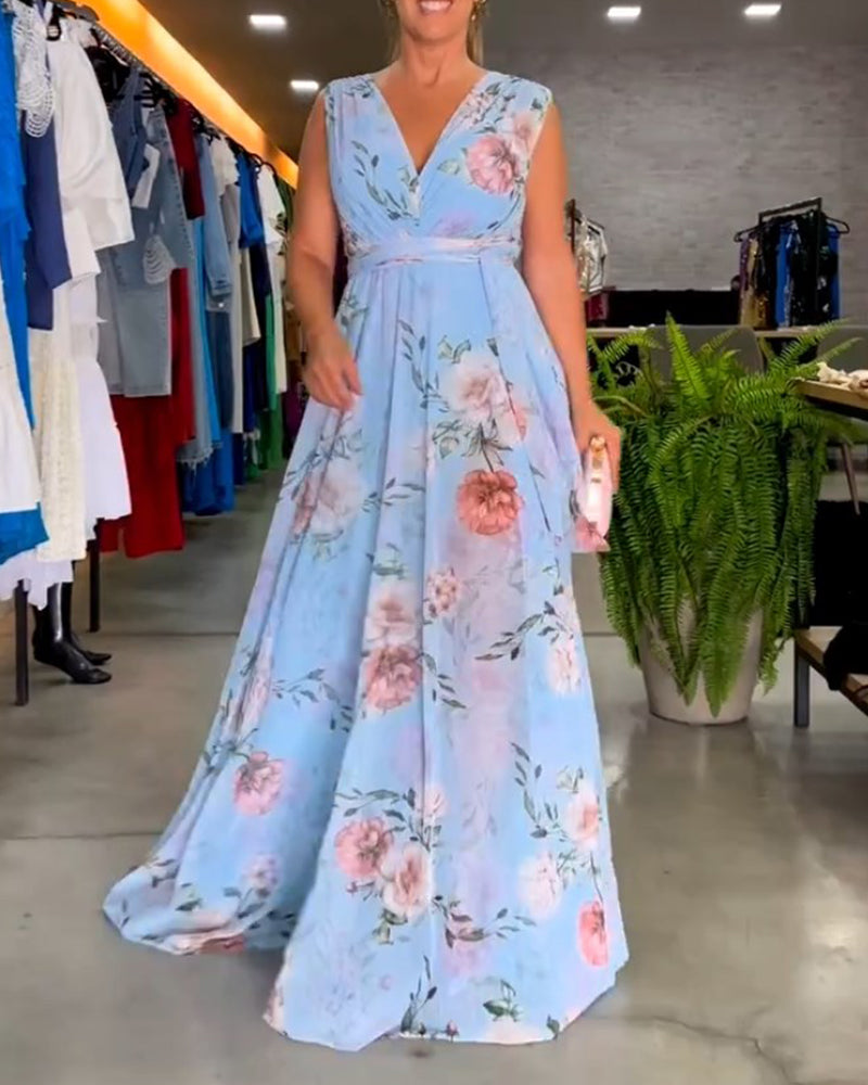 Elegantes Sommerkleid V-Ausschnitt Blumenprint