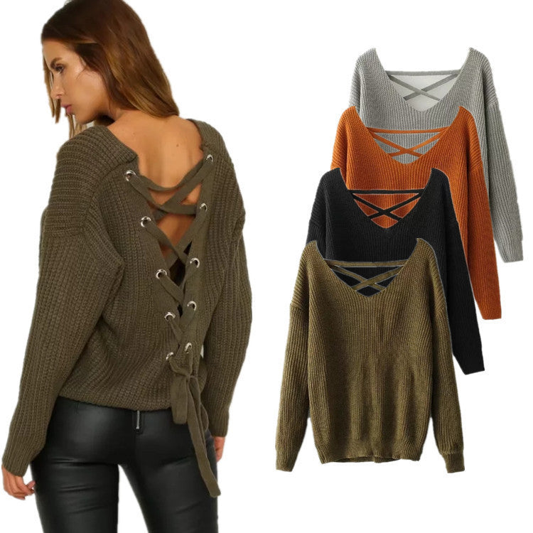 Damen Strickpullover V-Ausschnitt Dekorativ Trendig - BerlinGlamour