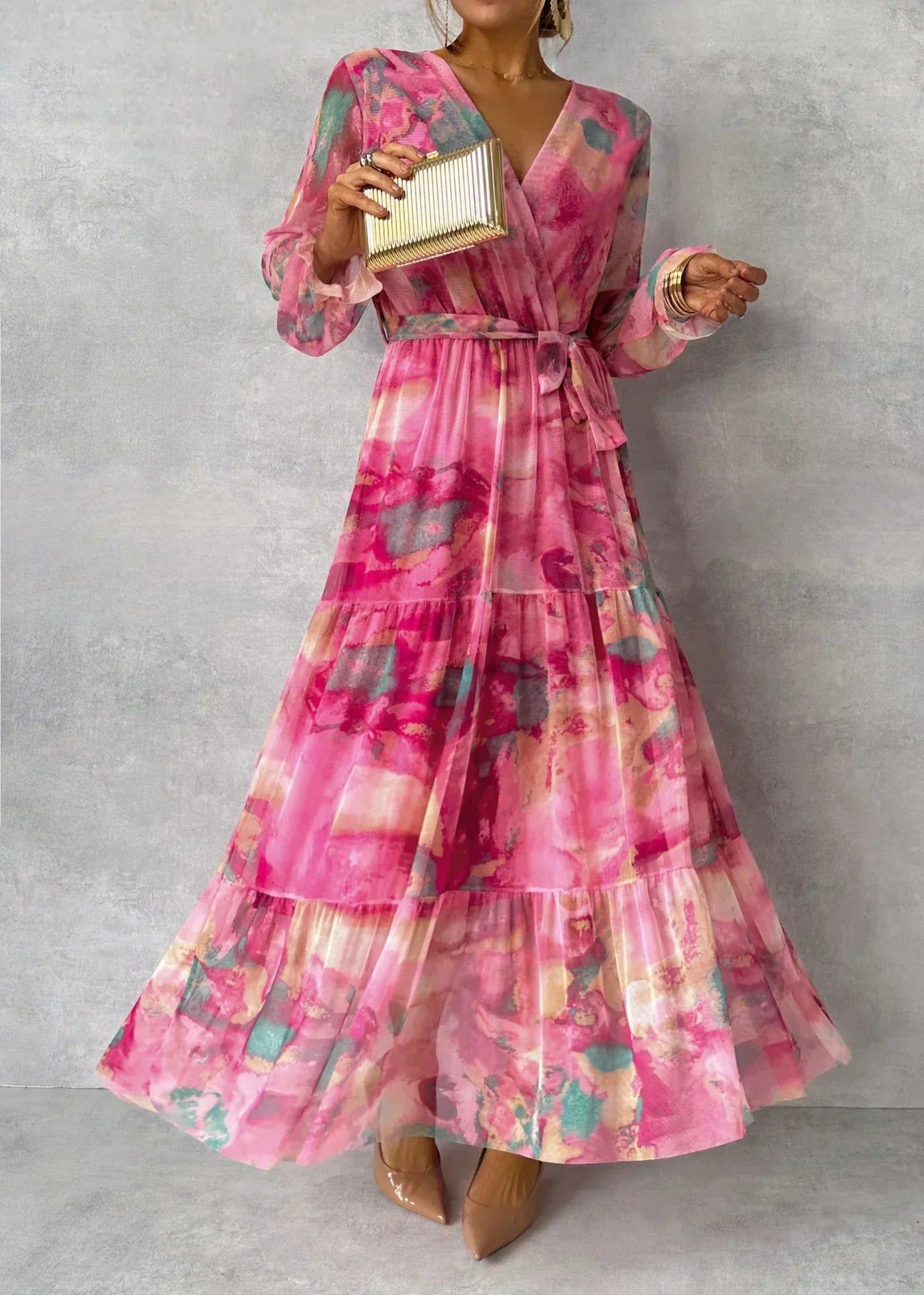 Damen Maxikleid Fließend Plissiert Blumenmuster Gürtel - BerlinGlamour