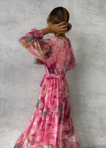 Damen Maxikleid Fließend Plissiert Blumenmuster Gürtel