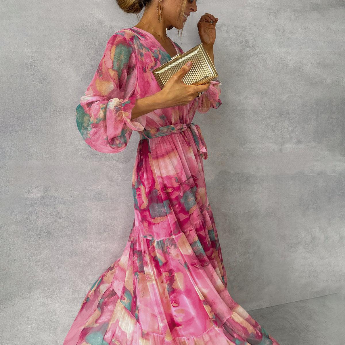 Damen Maxikleid Fließend Plissiert Blumenmuster Gürtel