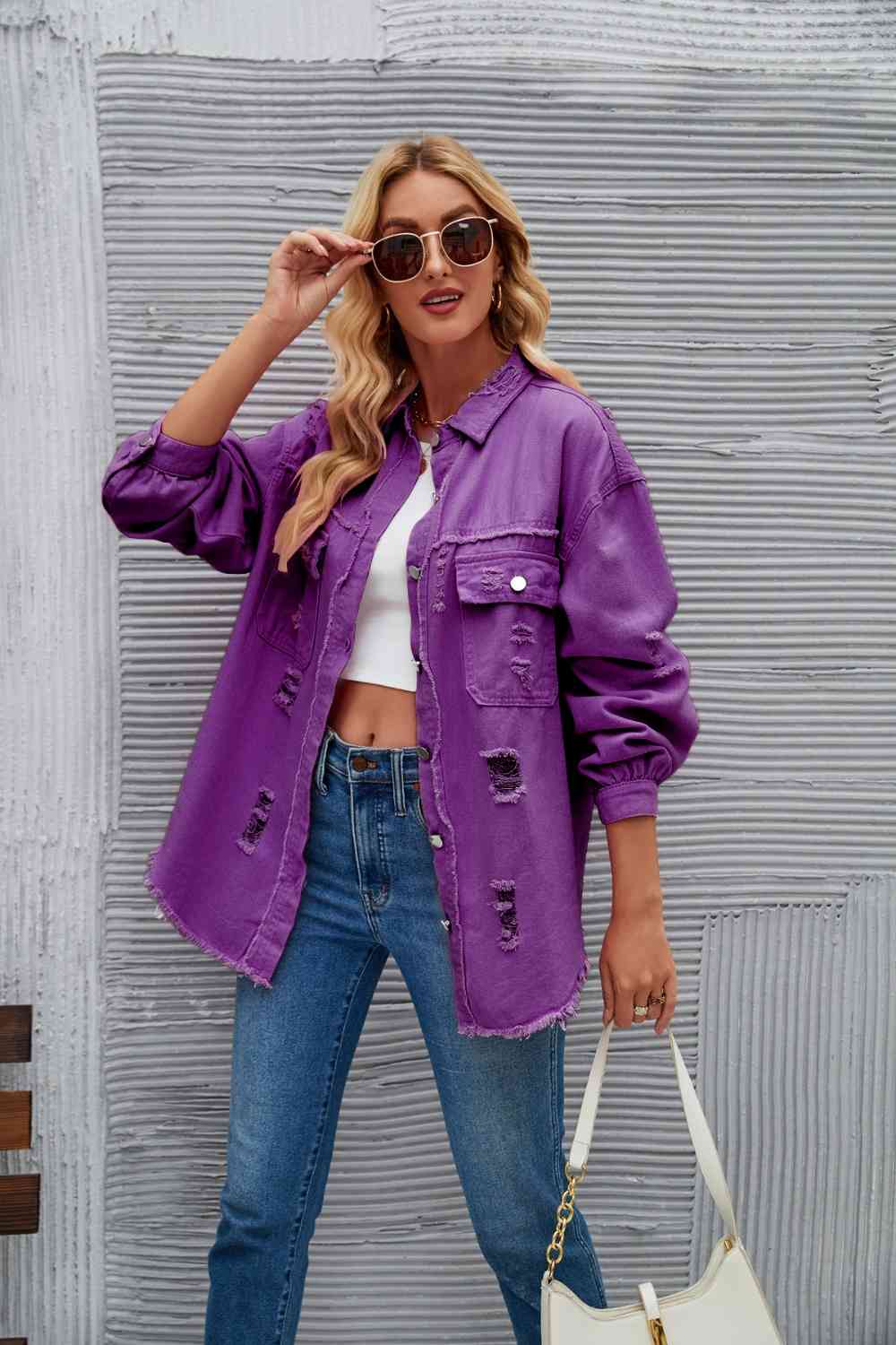 Rohsaum Denimjacke Zerrissen Trendig Frauenjacke