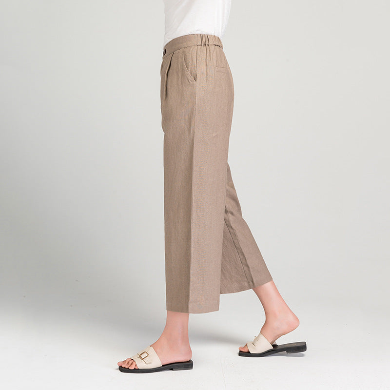 Damen Leinenhose Weite Bein mit Gummibund und Taschen