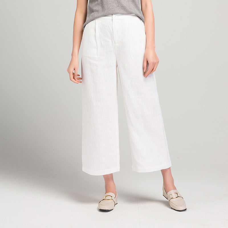 Damen Leinenhose Weite Bein mit Gummibund und Taschen
