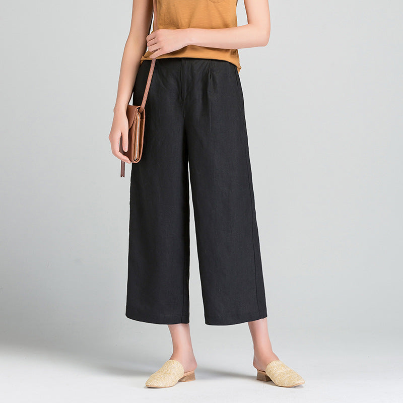 Damen Leinenhose Weite Bein mit Gummibund und Taschen