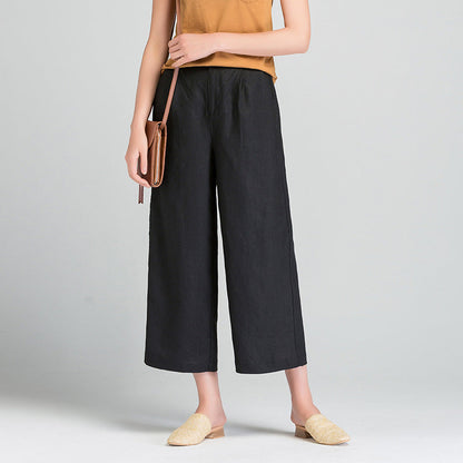 Damen Leinenhose Weite Bein mit Gummibund und Taschen