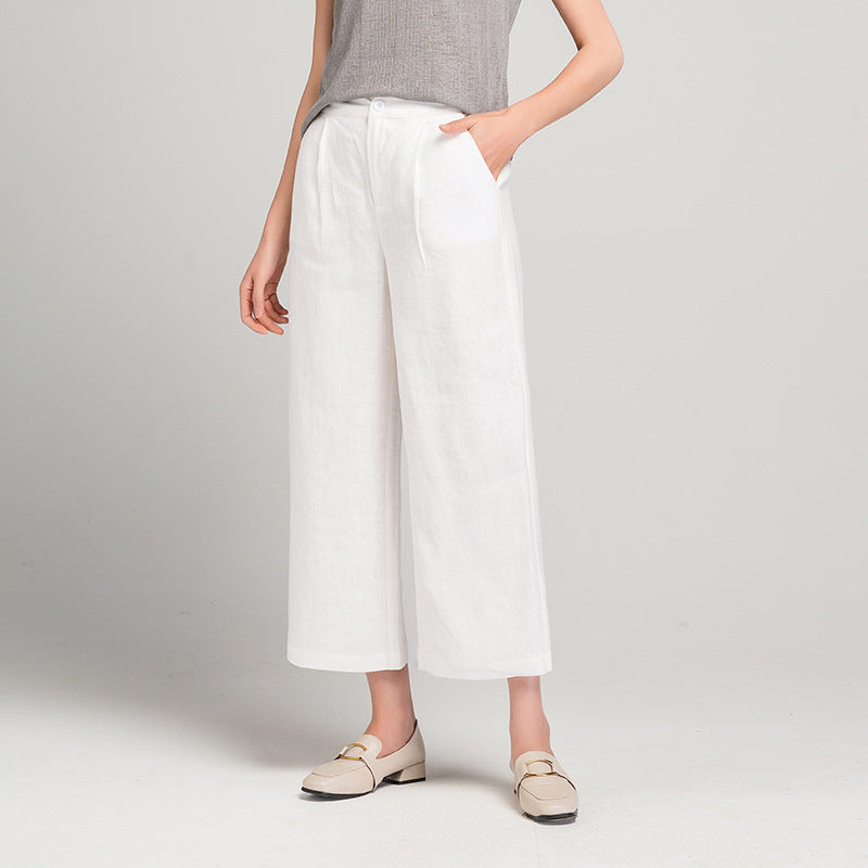 Damen Leinenhose Weite Bein mit Gummibund und Taschen