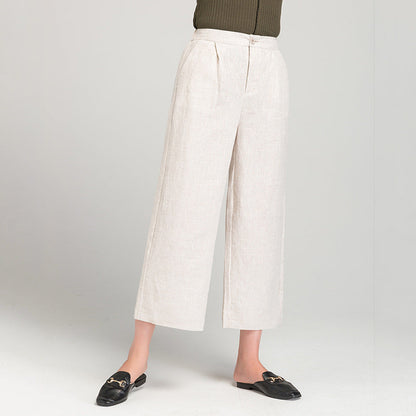 Damen Leinenhose Weite Bein mit Gummibund und Taschen