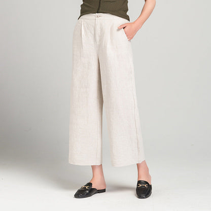 Damen Leinenhose Weite Bein mit Gummibund und Taschen