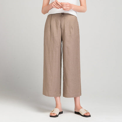 Damen Leinenhose Weite Bein mit Gummibund und Taschen