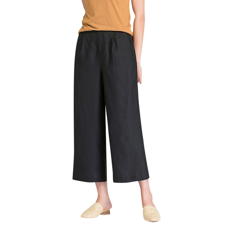 Damen Leinenhose Weite Bein mit Gummibund und Taschen