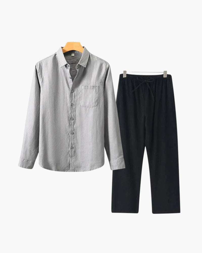 Herren Leinenanzug Sommer Zweiteiler Langarm Hose Hemd Set