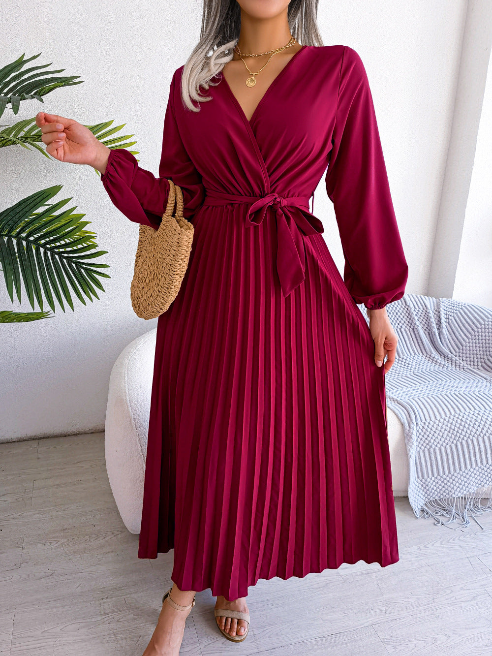 Elegantes Maxikleid Damen Plissee Gürtel Langkleid Schwarz