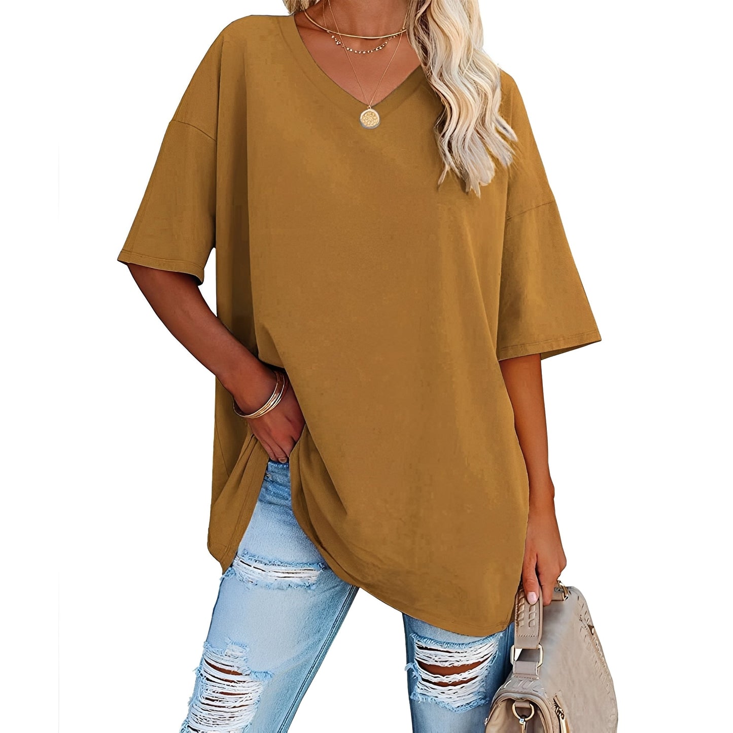Damen Shirt V-Ausschnitt Lässig Locker Geschnitten