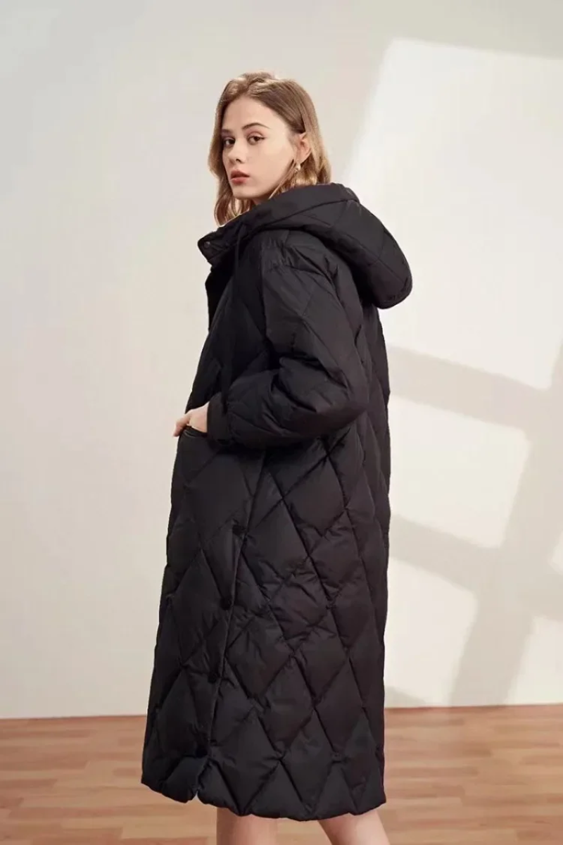 Langer Damenmantel mit Kapuze Diamant Muster Warm