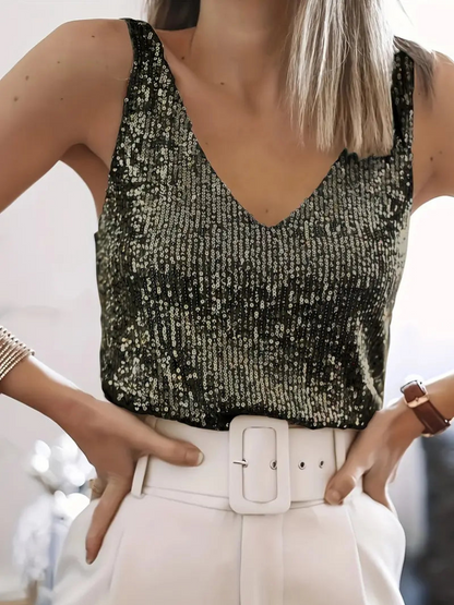 Glamour Top Damen Glitter V-Ausschnitt Ärmellos