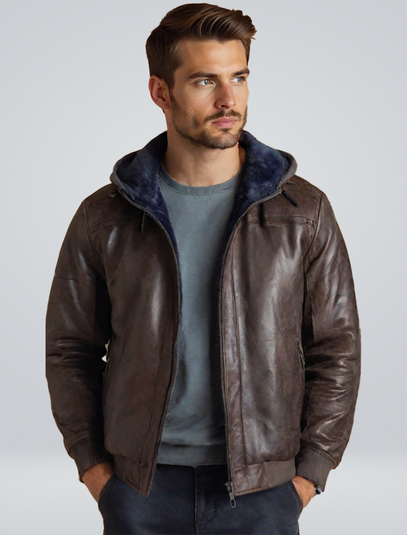 Leder Winterjacke mit Kapuze Schwarz Echtleder - BerlinGlamour