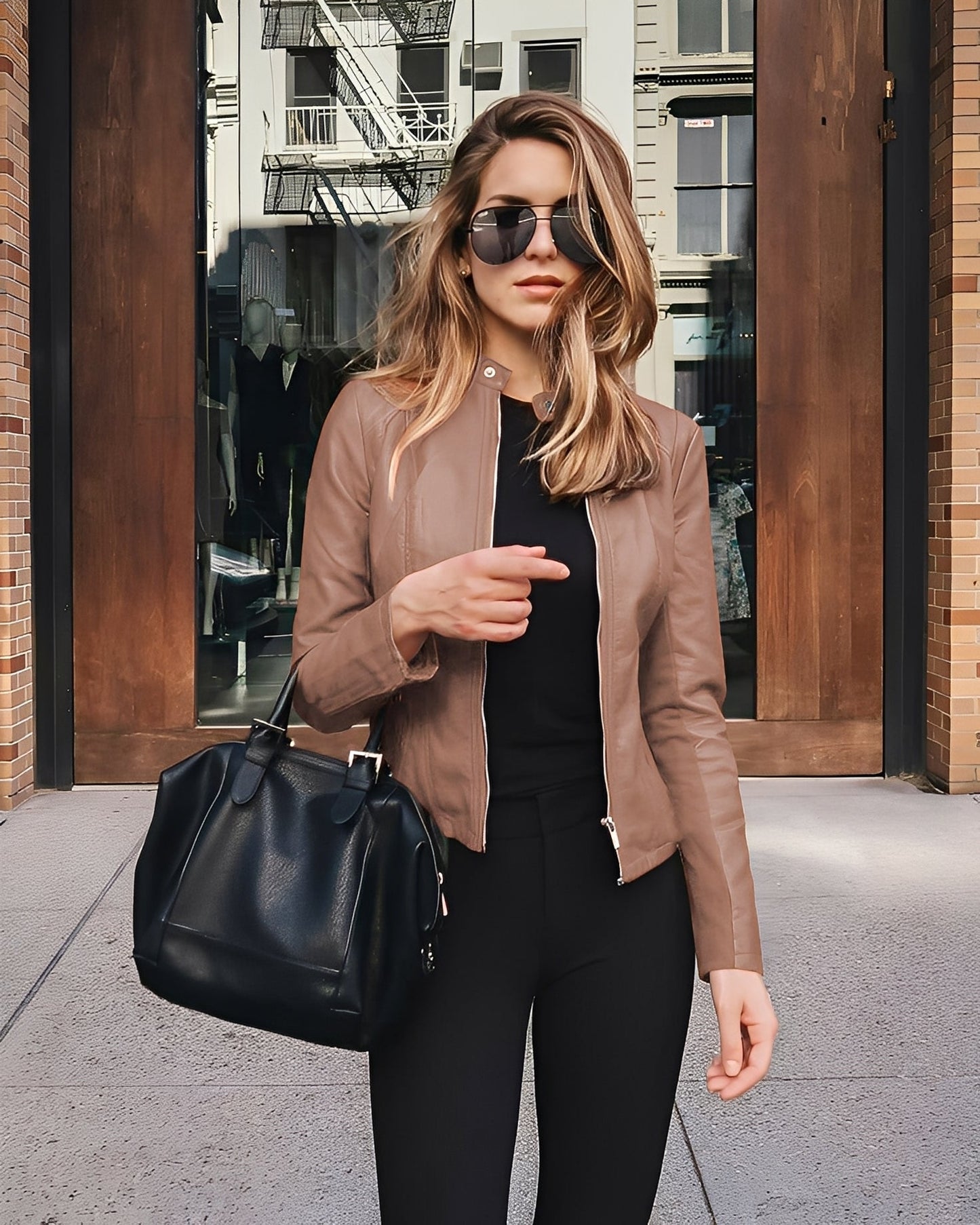 Ledermantel Damen Elegant Schnitt Schwarz