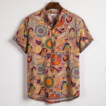 Herren Hemd Kurzarm Paisley Muster Modern Stehkragen - BerlinGlamour