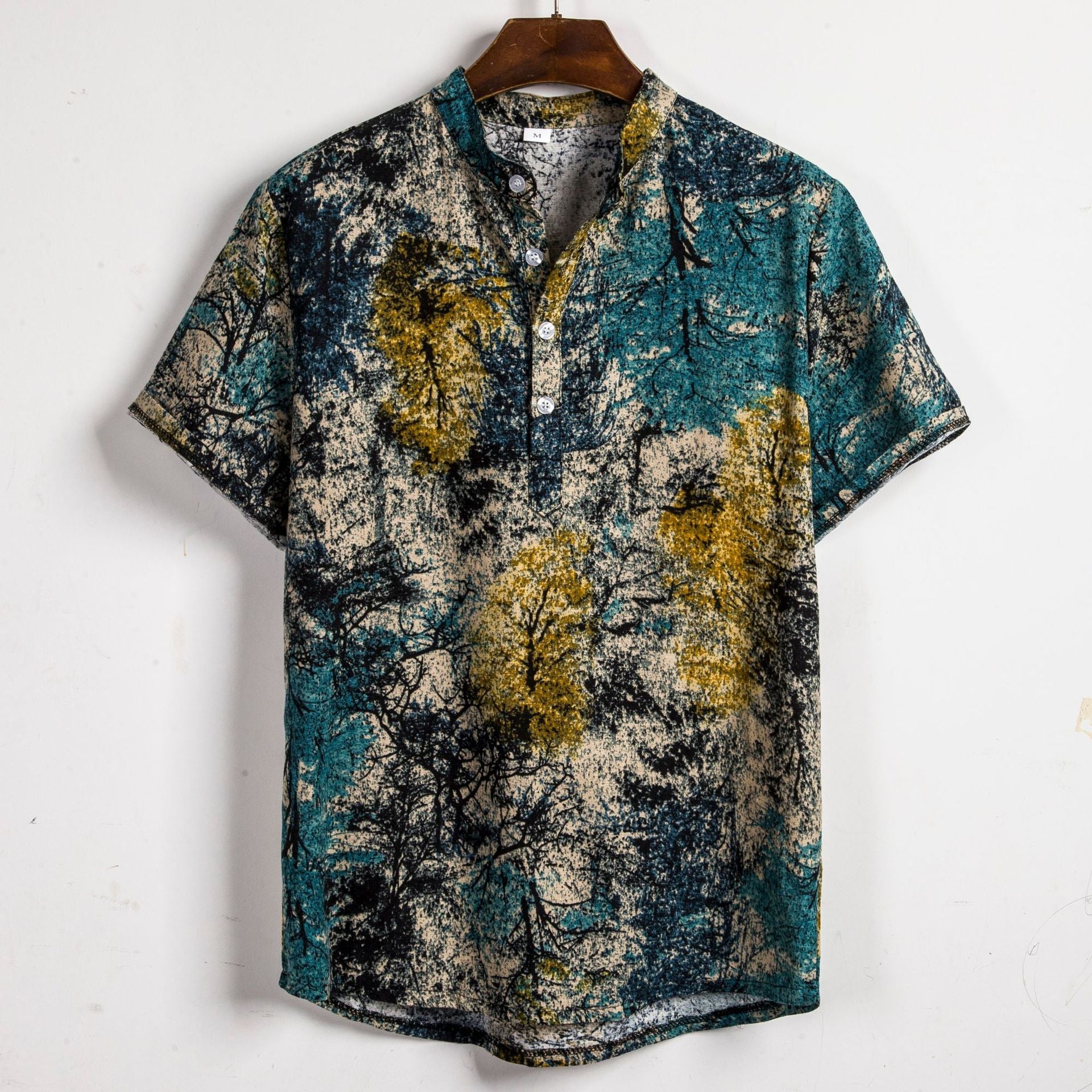 Herren Hemd Kurzarm Naturmuster Henley Ausschnitt Modern - BerlinGlamour