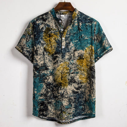 Herren Hemd Kurzarm Naturmuster Henley Ausschnitt Modern - BerlinGlamour