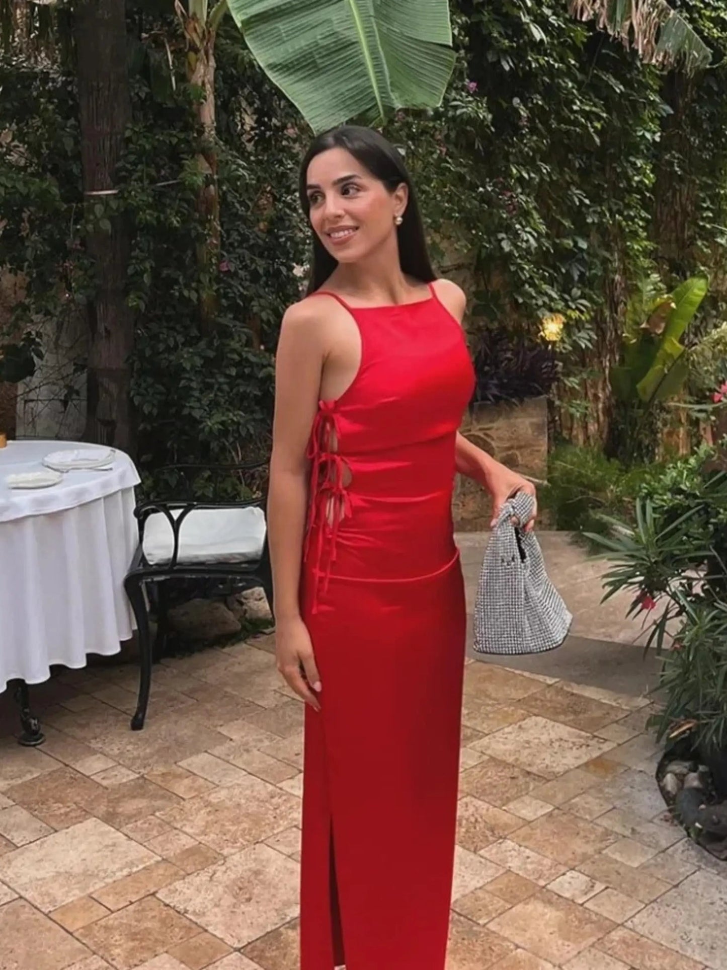 Rotes Maxikleid mit Schnürung Frauenkleid Sommer