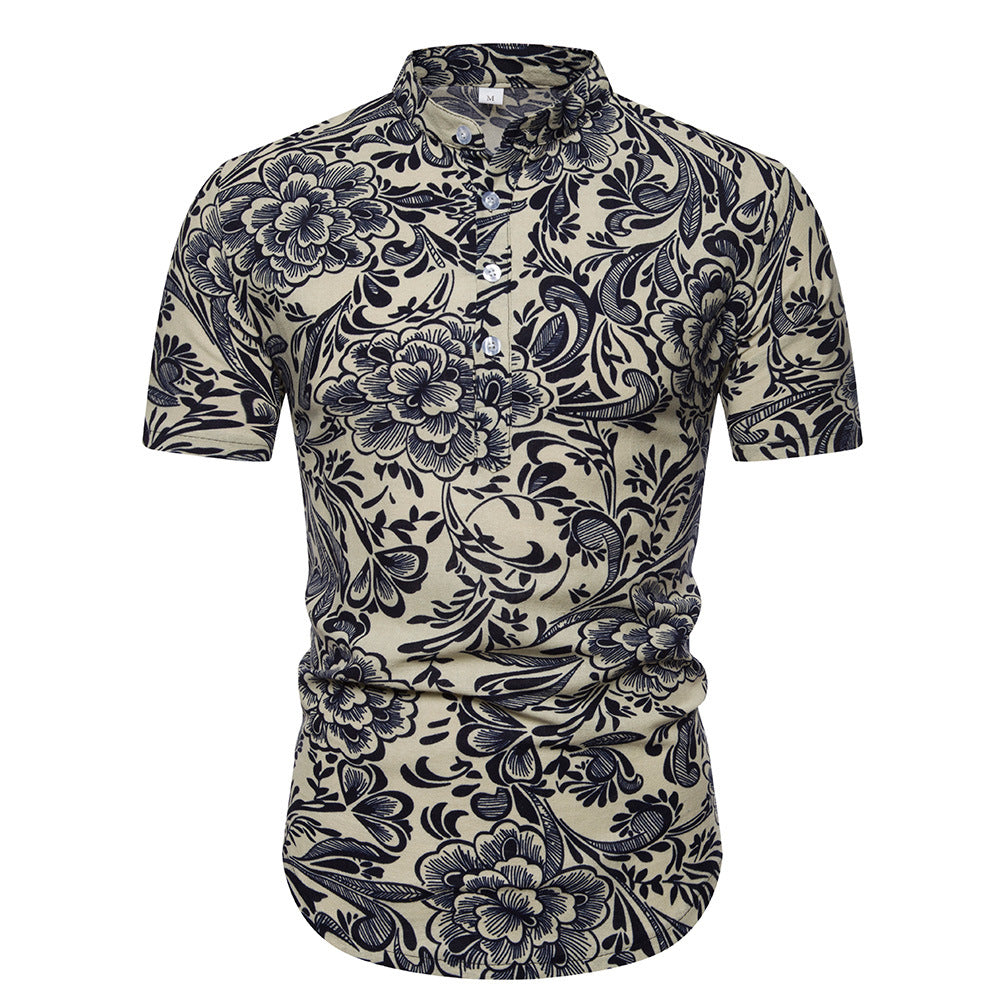 Herren Hemd Kurzarm Modern Floralmuster Stehkragen - BerlinGlamour