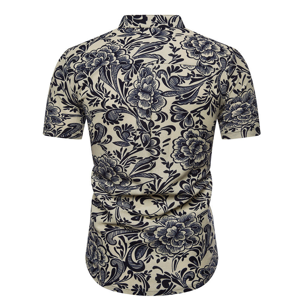 Herren Hemd Kurzarm Modern Floralmuster Stehkragen