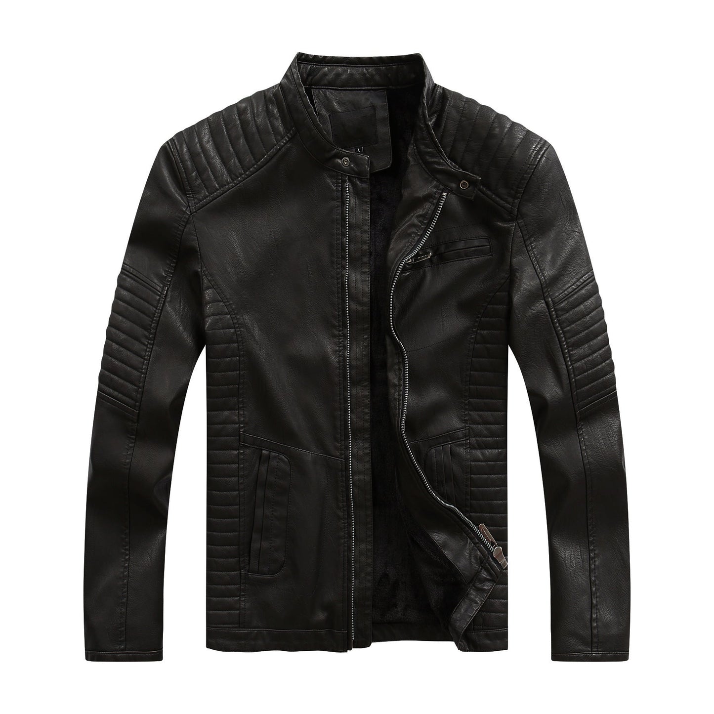 Herren Lederjacke Bikerstil Kunstleder Steppnaht Schwarz