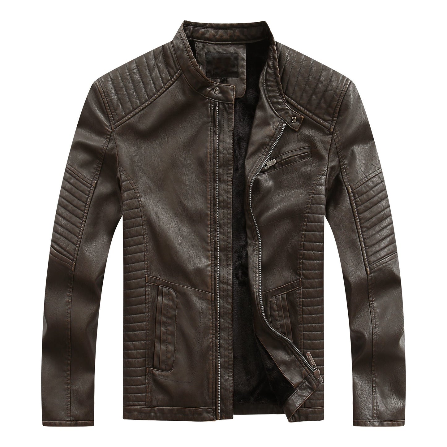 Herren Lederjacke Bikerstil Kunstleder Steppnaht Schwarz - BerlinGlamour